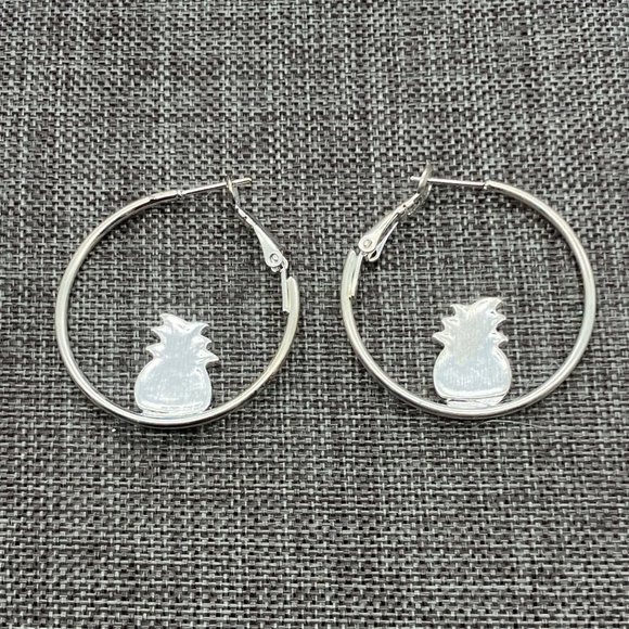 Hoop Pierced Earrings Silver Pineapple Md Green Yellow Enamel Iridescent Sparkle - Picture 2 of 4